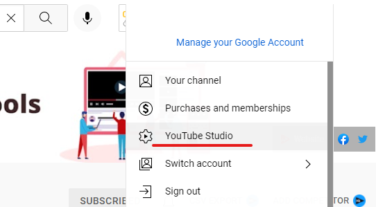 YouTube studio menu